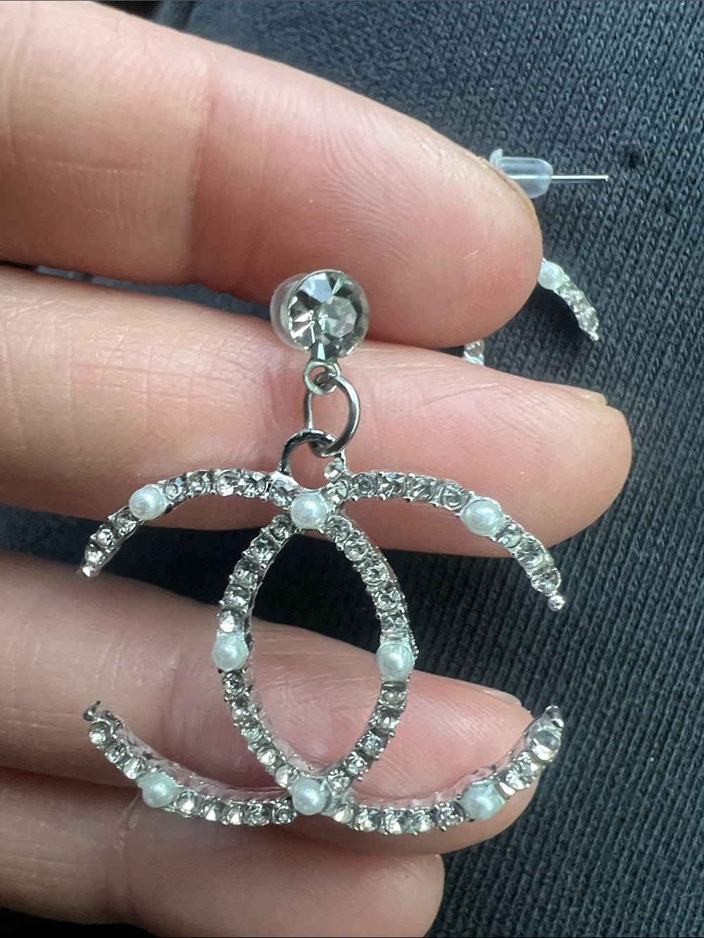 CHANEL Silver-Tone Crystal & Pearl CC Drop Earrings - Picture 2 of 8